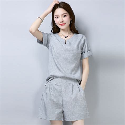 2018 summer new fresh cotton and linen two piece set plus size o neck
