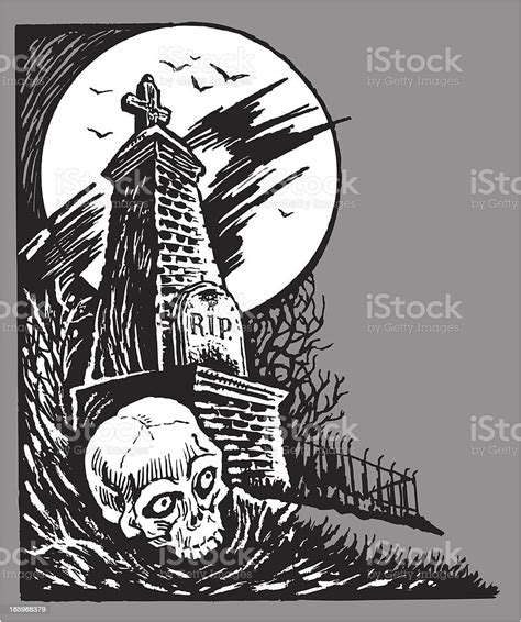 graveyard with full moon and skull halloween stock illustration