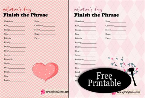 printable valentines day finish  phrase game