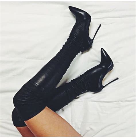 new fashion black stretch leather thigh high boots sexy pointed toe