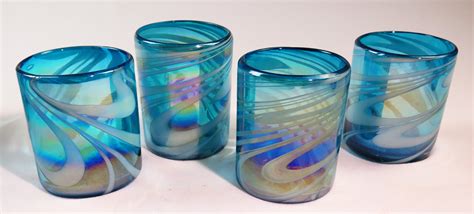 Mexican Glass Turquoise And White Swirl Tumblers Made In