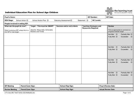 individual education plan template school age personalized learning