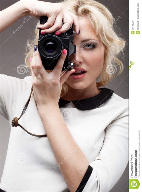 blonde girl with retro camera stock image image of girl