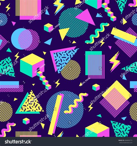 vector seamless pattern with multicolor geometric shapes on dark background retro vintage