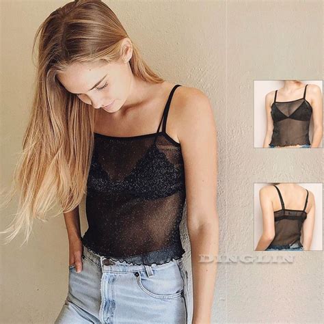 women mesh sheer see through crop top strappy clubwear party tops tank