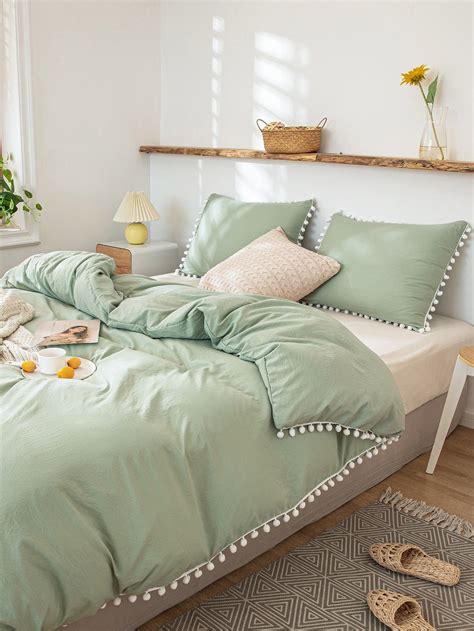 pom pom decor solid bedding set  filler shein usa sage green