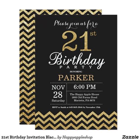 21st Birthday Invitation Black And Gold Glitter Zazzle