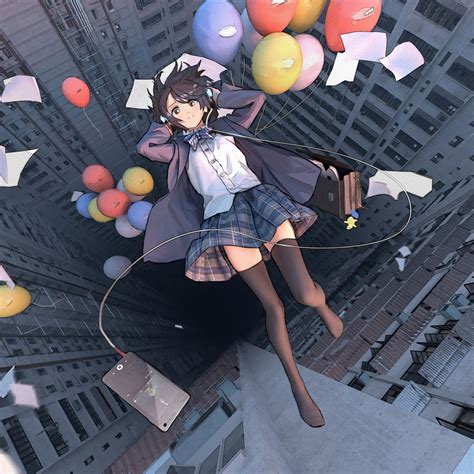anime girl falling school uniform balloon  ipad air hd