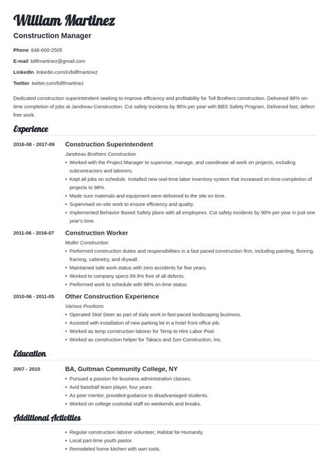 resume templates  construction workers template guru
