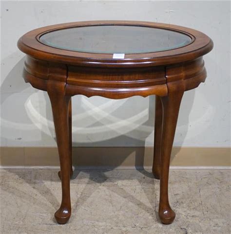 Lot Queen Anne Style Cherry Oval Glass Top Side Table H 25 In W