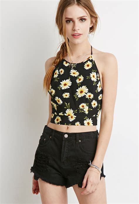 lyst forever 21 daisy print halter crop top in black