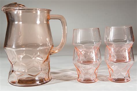 Pink Glass Pitcher And Glasses Set Honeycomb Pattern Cocktail Juice