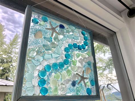 Window Sea Glass And Marble Mosaic Glass Window Art Sea Glass Window