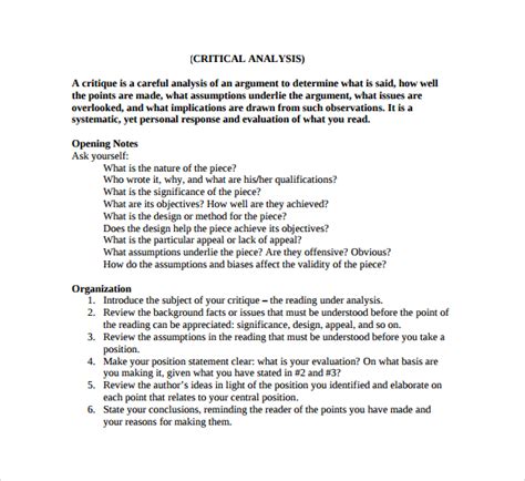 critical analysis templates   sample templates
