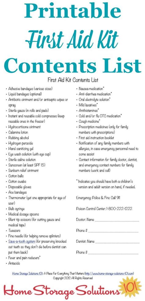 aid kit contents checklist template    aid kit contents