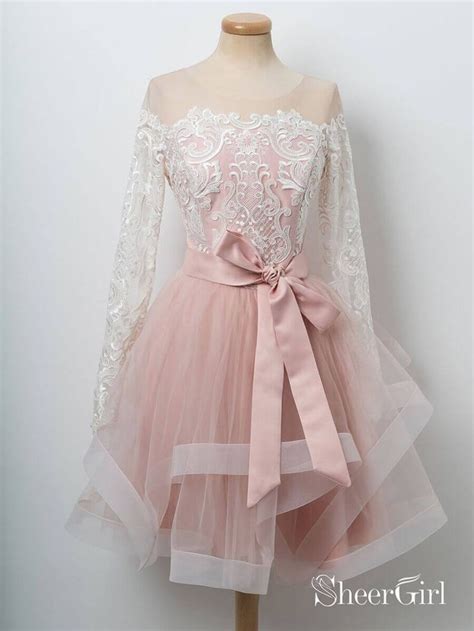 high neck pink homecoming dresses long sleeves lace hoco dress  sash apd vestidos de