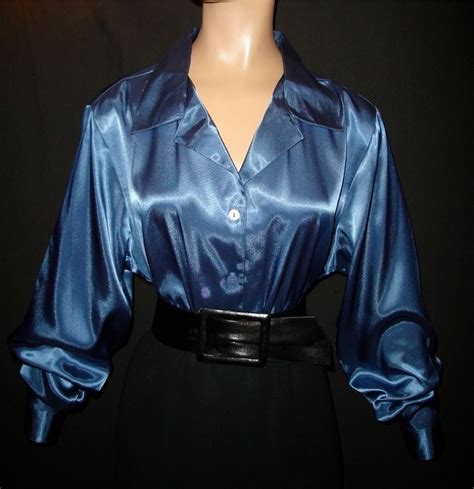 french blue liquid satin shiny blouse shirt top long sleeve new vtg st