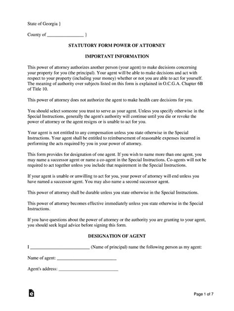 Statutory Form Power Of Attorney State Of Georgia Fill Out And Sign