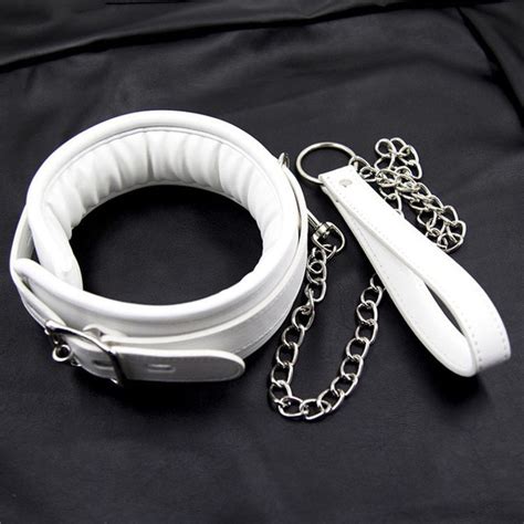 quality white leather bondage harness slave bdsm collar and chain leash