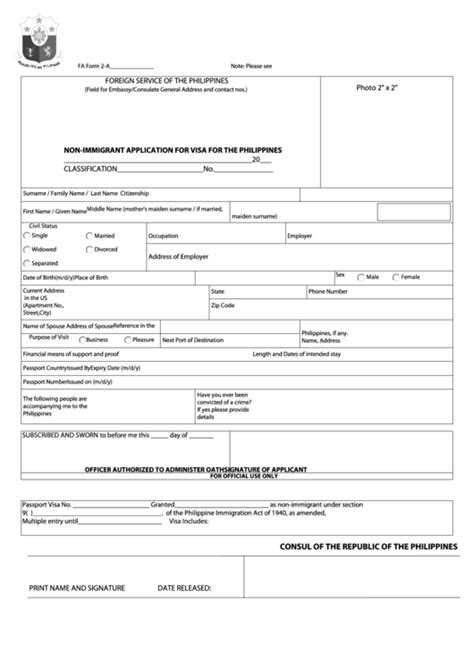 fillable fa form 2 a non immigrant application for visa for the