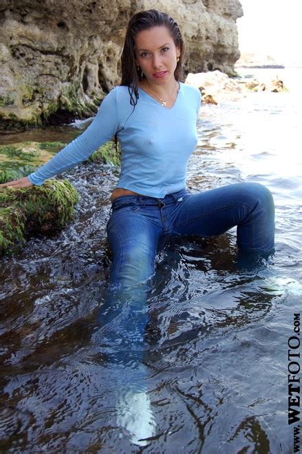 wetlook by hot girl in soaking wet jeans blouse and shoes