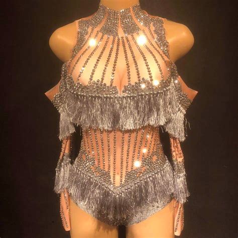 Sparkly Rhinestones Sexy Female Bodysuit Crystals Tassels Jumpsuit