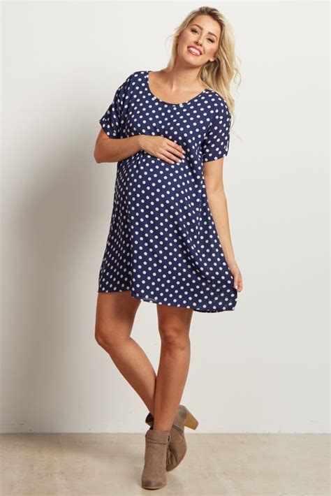 Navy Blue Polka Dot Short Sleeve Maternity Dress Polka