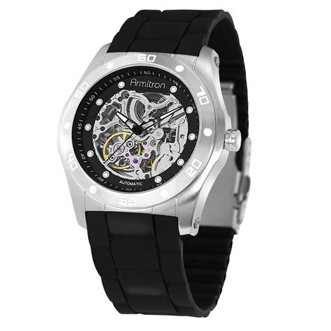 armitron mens  jewel skeleton automatic  wsilver dial black rubber band jewelry