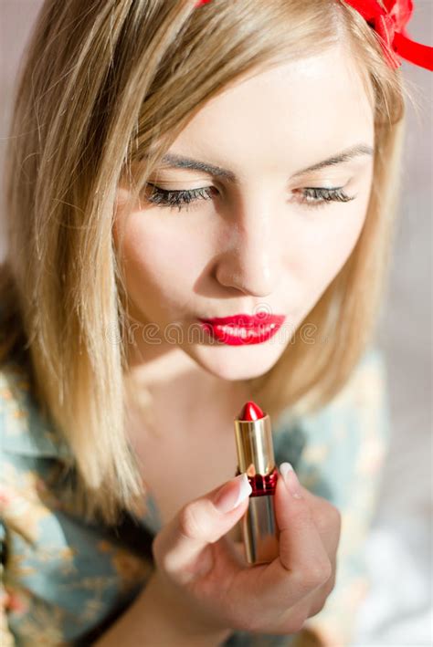 red lips blonde pinup woman draws red lipstick stock image image of girl lifestyle 39247095