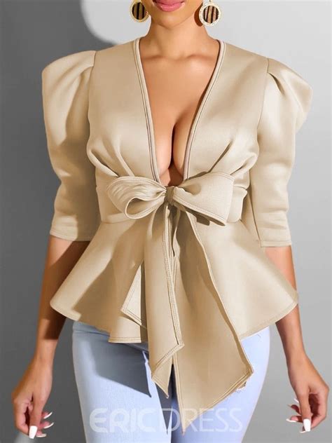 ericdress plain v neck bowknot standard three quarter sleeve blouse