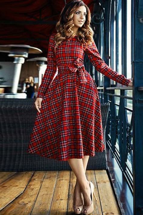 Red Plaid Long Sleeve Belted Midi Dress Long Sleeve