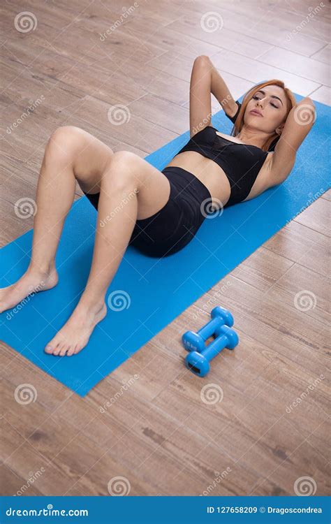 Girl Doing Abs Crunches During Her Home Training Stock Image Image