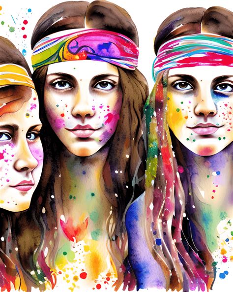 Three Beautiful Hippie Girls Watercolor · Creative Fabrica