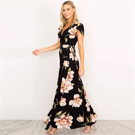 lange fpuseky loral maxi jurk bohemian lange jurken elegante strand zwarte bloemenprint korte