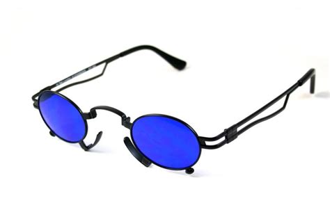 Small Oval Sunglasses Gothic Steampunk Style Black Frame Blue Lenses