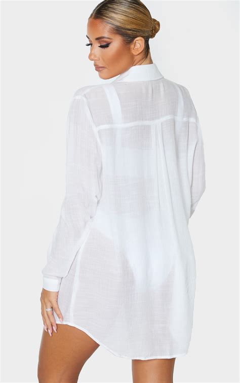 White Linen Look Oversized Beach Shirt Prettylittlething Usa