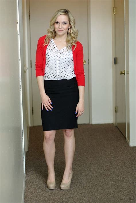 black skirt white and black polka dot shirt red cardigan ♥ style