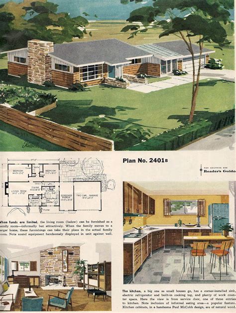 artists renderings  floor plan   midcentury suburban ranch house  vintage