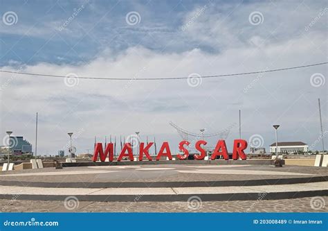 An Icon That Is Written Makassar In Red On The Edge Of Losari Beach