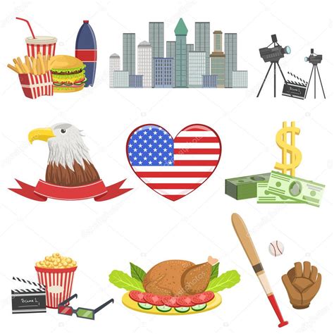eeuu conjunto de simbolos nacionales atracciones americanas vector ilustraciones