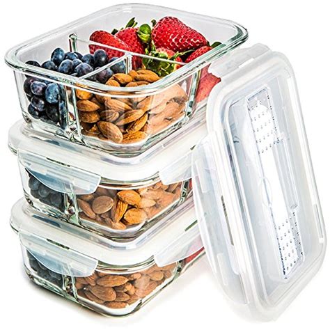 Glass Meal Prep Containers 3 Compartment Food Storage Container Set
