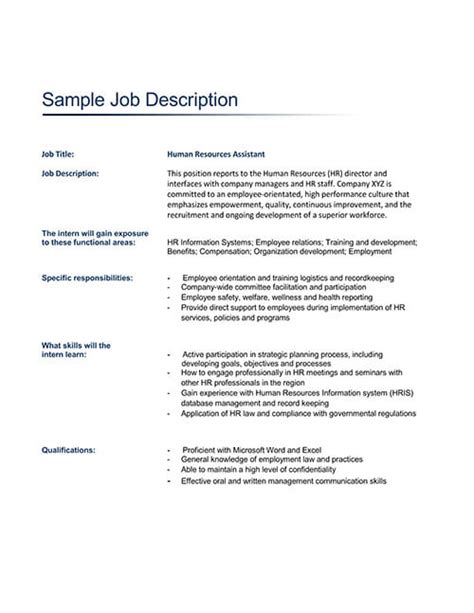 job description templates examples word