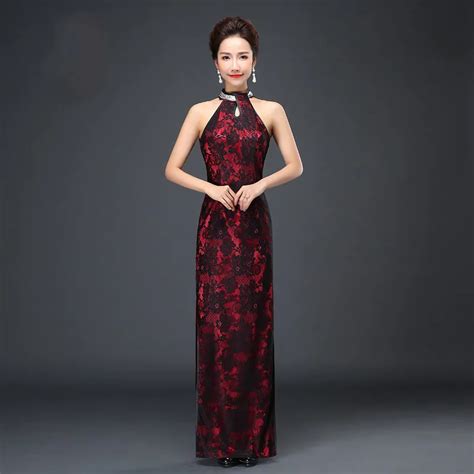 Sexy Backless Cheongsam Traditional Chinese Dress Long Lace Halter