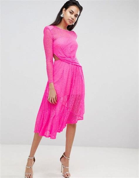 asos neon lace asymmetric hem midi dress neon fashion neon pink dresses dresses
