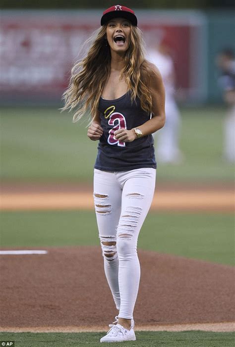 nina agdal pitches first ball of anaheim angels game with chicago white sox daily mail online