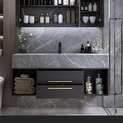 floating blackgray bathroom vanity  sink stone countertop