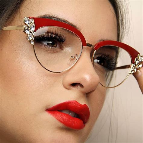 Stylish Wine Red Crystal Cat Eye Glasses Crystal Eyeglasses Fashion