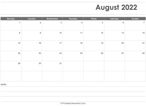 august  calendar templates