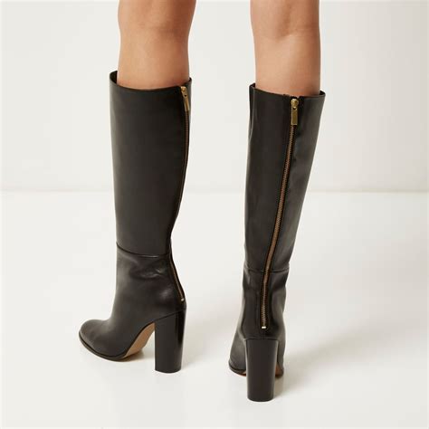 lyst river island black leather knee high heeled boots  black