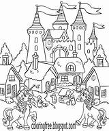 Unicorn Coloring Magic Drawing Castle Kingdom Printable Kids Book Mythical Storybook Pages Sheet Village Teens Fantasy Getdrawings Copy Unicorns Drawings sketch template